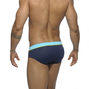 Back view of men's navy blue athletic swim briefs with a contrast waistband