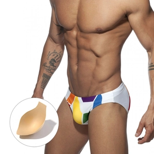 Men's Colorful Striped Geometric Print Swim Briefs With Padded Cup Low Waist Quick Dry Nylon Beach Bikini Swimming Trunks