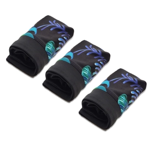 Three-pack of men's black swim trunks with tropical leaf print and drawstring tie