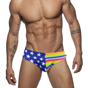 Herren Sexy Low Waist Badehose Regenbogen Gestreift Stern Patchwork Elastisch Nylon Elastan Bademode Für Strand Pool Party