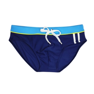 Detail of navy swim briefs with contrast waistband, white drawstrings and side stripes