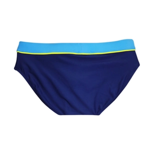 Detail of navy blue men swim briefs with light blue patchwork and yellow stripe accent