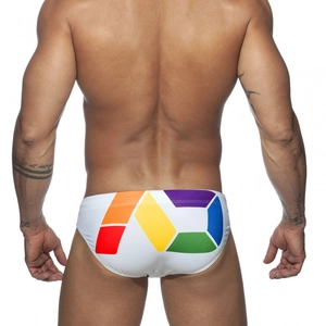 Rear view of men's white swim briefs with a vibrant colorful geometric striped pattern