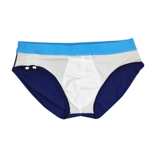 Detailed view of men's athletic swim briefs with mesh paneling and U-convex pouch design