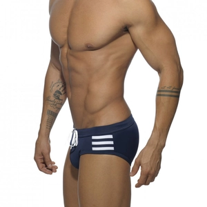 Men's navy blue swim trunks with white side stripes and drawstring waist for beach sports