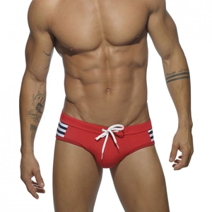 Red men's swim briefs with white drawstring and side stripes for beach and training