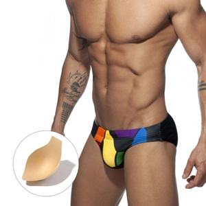 Men's rainbow patchwork swim briefs with supportive removable sponge cup insert