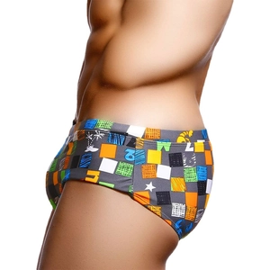 Men's low rise square leg swim trunks with colorful geometric print and athletic fit