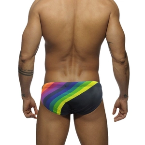 Men's sexy swim briefs with vibrant rainbow stripes on a black athletic fit background