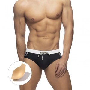 Detail of men's swim briefs with color-block design and removable protective foam cup