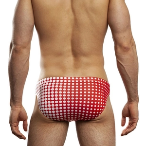 Vue arrière du slip de bain homme rouge à pois montrant la coupe ajustée et le dos