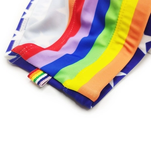 Makro-Detail von Herren-Bademode mit Regenbogenstreifen, Sternen und präzisen Nähten