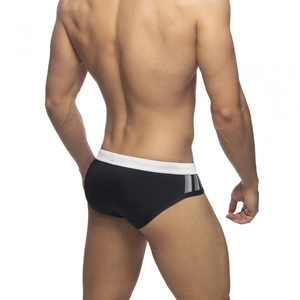 Detailed side view of men's low-waist swim briefs with white elastic and gray side stripes