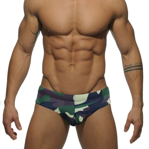 Men's camouflage swim briefs with athletic fit and durable elastic fabric