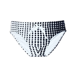 Detailed view of men's polka dot swim briefs with adjustable white drawstring waist