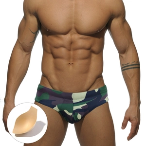 Men Low Waist Camouflage Swim Briefs With Removable Padded Cup Nylon Spandex Elastic Fast Dry Beach Swimwear Trunks Male