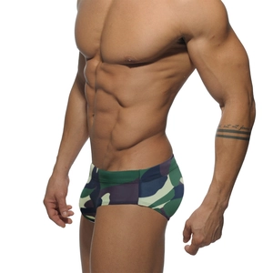 Men's sexy low-rise camouflage swim briefs in forest green and navy quick-dry fabric