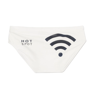 Detailed view of white men's swim briefs featuring a black Wi-Fi icon and Hot Spot print