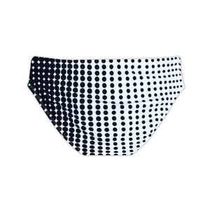 Detail showing gradient polka dot pattern on quick-dry men's swim trunks in monochrome