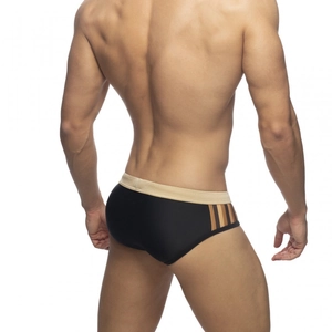 Men's sexy sports swimming briefs in black with side stripes and wide waist band