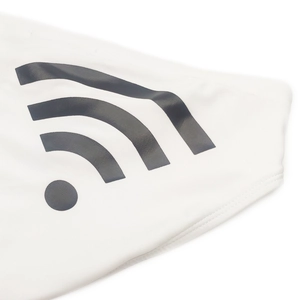 Detail shot of white swim briefs featuring a black WiFi icon print and high-quality stitching