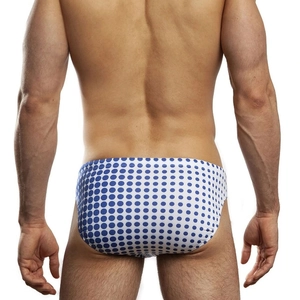 Vue arrière du slip de bain blanc pour hommes avec motif à pois bleus et coupe ajustée
