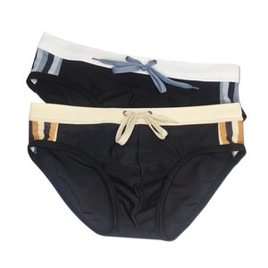 Men's sexy black swim briefs with contrasting side stripes and adjustable drawstrings