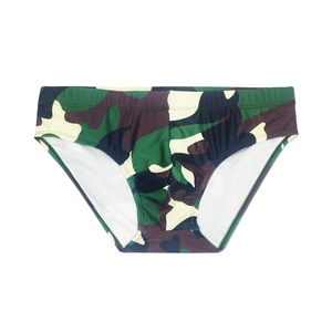 Men's jungle camouflage swim briefs with elastic low-waist and quick-dry fabric