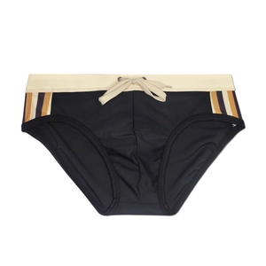 Detailed view of men's swim briefs with side tricolor stripes and adjustable drawstring