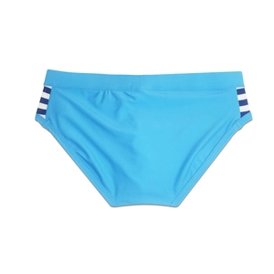 Close-up of sky blue swim briefs featuring side stripes on high-elastic fabric