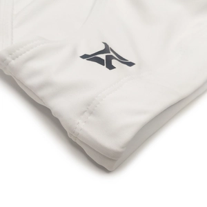 Detail of high-elastic white fabric with professional reinforced stitching and logo