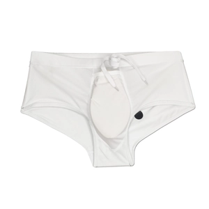 Detailansicht der weißen Herren-Badehose mit elastischem Bund und praktischem Kordelzug