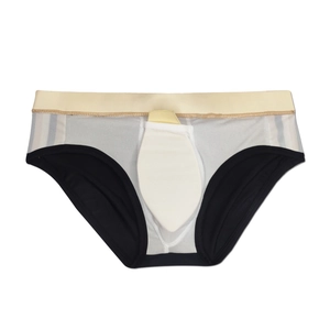 Close-up of men's color-block swim briefs featuring a removable contour pad for extra support