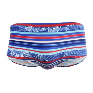 Men's square-cut swim trunks with red-blue stripes and tropical floral pattern