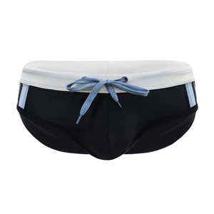 Detail of men's black swim briefs with white waistband and light blue side stripes