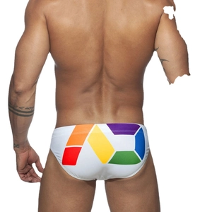Men's sexy white swim briefs with colorful rainbow geometric AD letter print on back