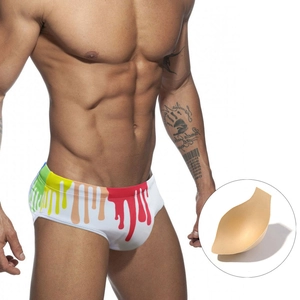 Men's low-rise bikini swimsuit with rainbow print and removable cup-shaped padding insert