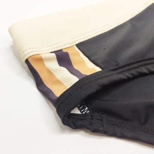 Close-up of men's swim briefs showing contrast striped waistband and premium stitching
