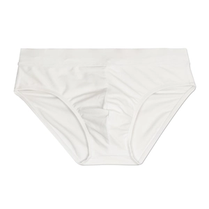 Detail of white men's swim briefs featuring a wide elastic waistband and breathable mesh