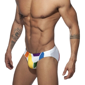 Men's sexy swim briefs with colorful geometric stripes for beach and pool fashion