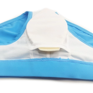 Detail of men swim briefs showing breathable blue mesh lining and inner pad pocket