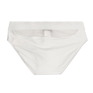 Detail of white men's swim briefs featuring wide waistband and breathable mesh back panel