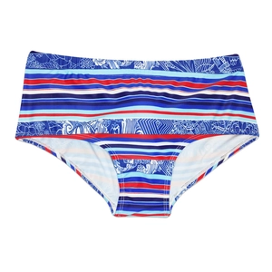 Men's high waist swim shorts with red and blue stripes and decorative floral patterns