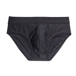 Close-up of black men's swim briefs with a wide elastic waistband and silky finish