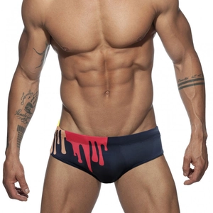 Men's sexy low waist swim briefs with unique asymmetric blue and red dripping paint print