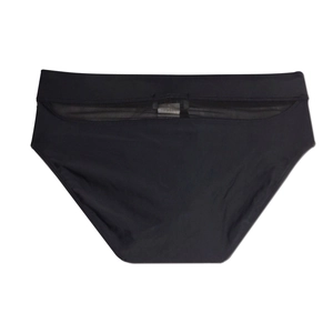 Detail view of men's sexy swim briefs featuring sheer mesh panel and wide waistband