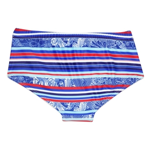 Detail view of high-waisted men's swim trunks with red and blue stripes and floral print
