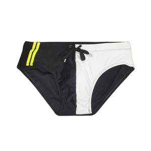 Detailed view of men's color-block swim briefs with contrast stripes and adjustable drawstring