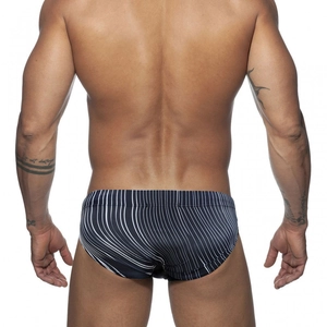 Men's sexy black bikini swimwear with white vertical stripes seen from the back view