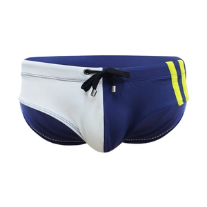 Men's navy and white color-block swim briefs with side yellow stripes and drawstring